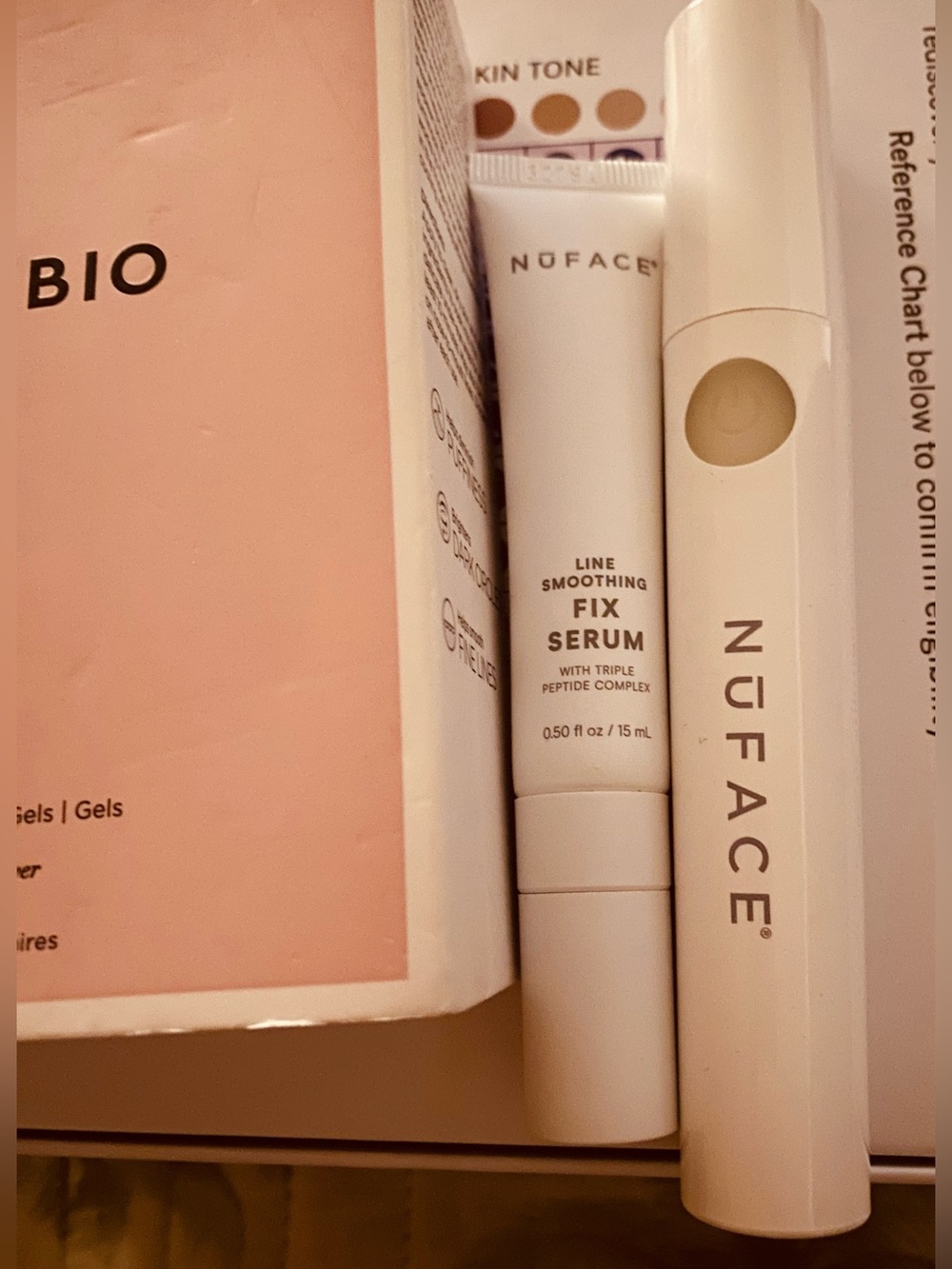 NuFACE Handheld Face Aging Device w/ Smoothing Fix Serum & BeautyBio Bright Eye